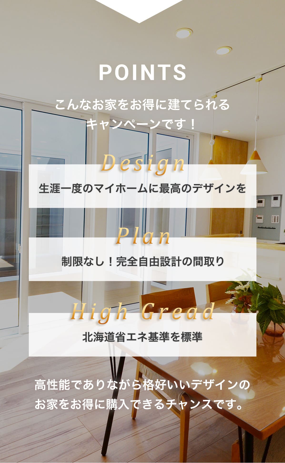 こんなお家をお得に建てられるキャンペーンです!Design「生涯一度のマイホームに最高のデザインを」 Plan「制限なし!完全自由設計の間取り」 High Gread「北海道省エネ基準を標準」